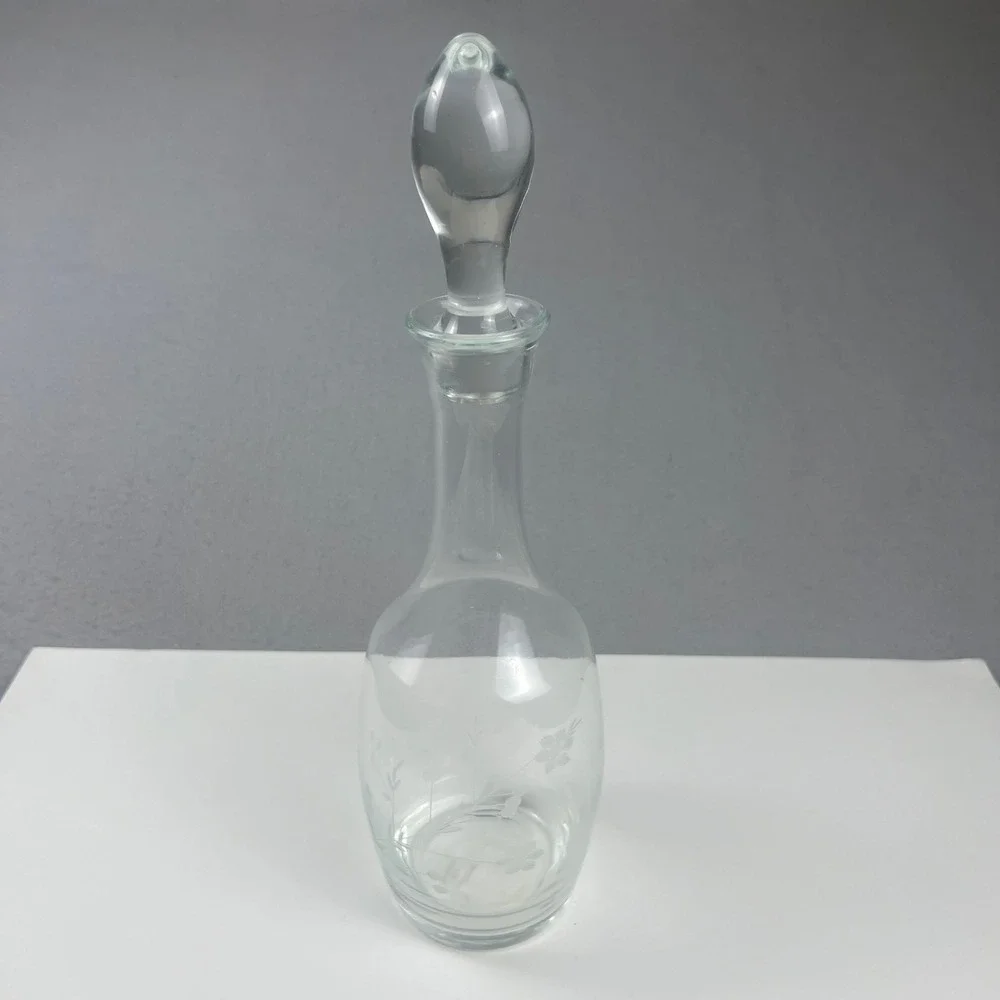 Vintage Glass Decanter 15.75in Elegance Floral Etched Stopper Barware Decor MCM